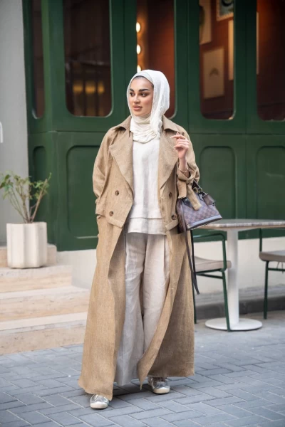 Beige Linen Abaya with Inner Set C:J1026 Beige