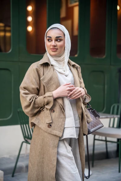 Beige Linen Abaya with Inner Set C:J1026 Beige